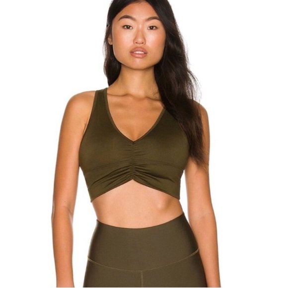 Alo Yoga Wild Thing Olive Green Ruched V-Neck Crop Sports Bra Tank Top Large - Picture 1 of 8